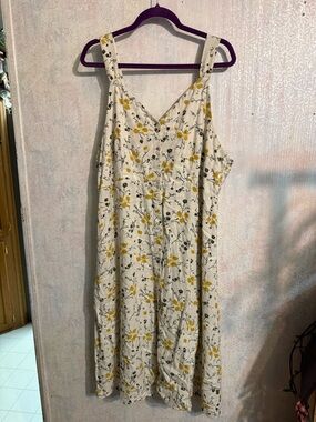 BP. White Midi Dress with Yellow Floral Print, Open Tie Back, Linen Blend, XXL